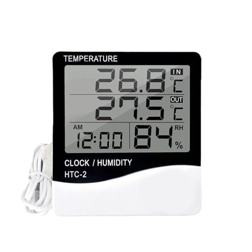 Temperature Humidity Meter, LCD Digital Indoor Outdoor Thermometer Hygrometer with Clock & Sensor Wire, Humidity Monitor for Home, Reptile, Greenhouse, Basement