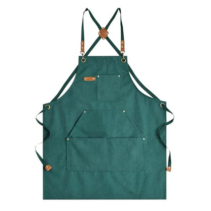 Aoomzoon Canvas Aprons for Men Women, Heavy Duty BBQ Apron with Pockets - color: Green