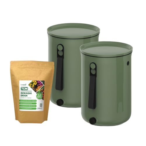 Bokashi Compost Bin + 2 Lb Bokashi Bran, Kitchen Countertop Composter - color: Olive