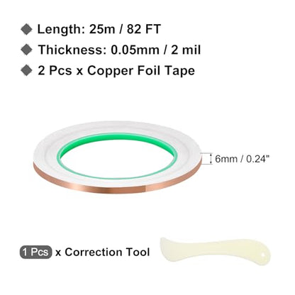 PATIKIL Copper Foil Tape, (0.24 Inch x 82 FT, Brass) (2 Set), Double Conductive Adhesive Tape with Correction Tool, Suit for - Guitar EMI/RFI Shielding/Electrical Repairs - size: 0.24 Inch x 82 FT