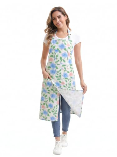 Nanxson Pottery Apron Split Leg with 3 Pockets & Adjustable Buckle - color: Blue Flower
