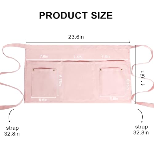 Server Apron with 5 Pockets - Rivet buckle Unisex Short/Half Waiter Waist Short Apron - color: Pink 2 Pack