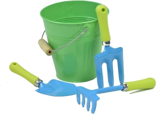 G & F Products JustForKids Garden Tool Set - Green Metal Pail with Real Mini Shovel, Rake & Cultivator, Wooden Handles, Perfect for Outdoor Play, Gardening Fun, and Educational Activities for Kids - style: Green Water Pail + Small Tool Set