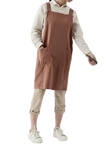 Japanese Cotton Linen Cross Back Apron with Pockets,Fashion Pinafore Dress for Gardening Painting Cleaning Cooking - color: Red