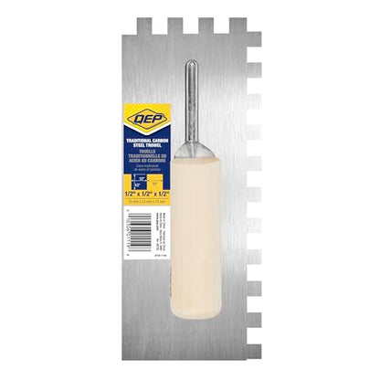 QEP 1/2" x 1/2" x 1/2" Square Notch Carbon Steel Trowel w/Wood Handle