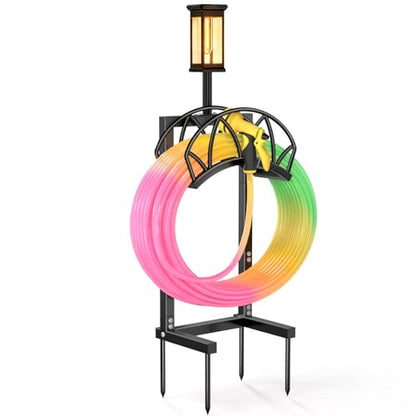 Garden Hose Holder with Solar Light, Freestanding Hose Stand for Outside