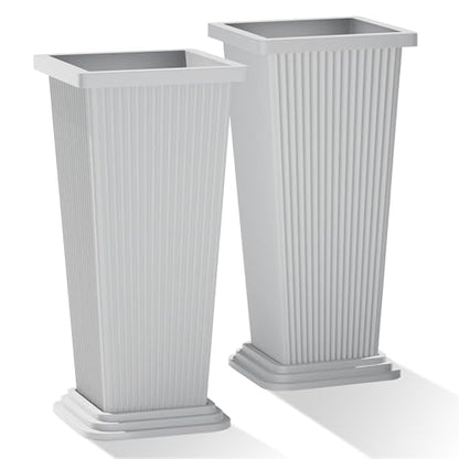 Plastic 24" Tall White Planters Outdoor Set of 2, Ribbed - color: White Ribbed