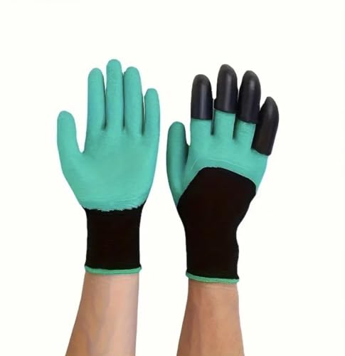 Garden Gloves with Claws for Digging – Heavy Duty Waterproof Gardening Gloves with ABS Plastic Fingertips – One Size Fits Most, Green & Black
