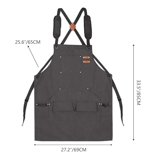 Tosewever Work Aprons for Men with Large Pockets, Canvas Cross Back Heavy Duty Adjustable Tool Aprons for Chef Cooking BBQ - color: Grey