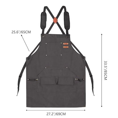 Tosewever Work Aprons for Men with Large Pockets, Canvas Cross Back Heavy Duty Adjustable Tool Aprons for Chef Cooking BBQ - color: Grey
