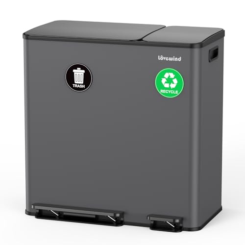 Dual Trash and Recycling Bins for Kitchen, 13.2 + 5.2 Gal (50+20L) Stainless Steel Trash and Recycle Bin Combo with Soft-Close Lid, Large Garbage Cans for Kitchen Home with 2 Magnets Sticker, Gray - color: Gray, size: 13.2 + 5.2 Gallon