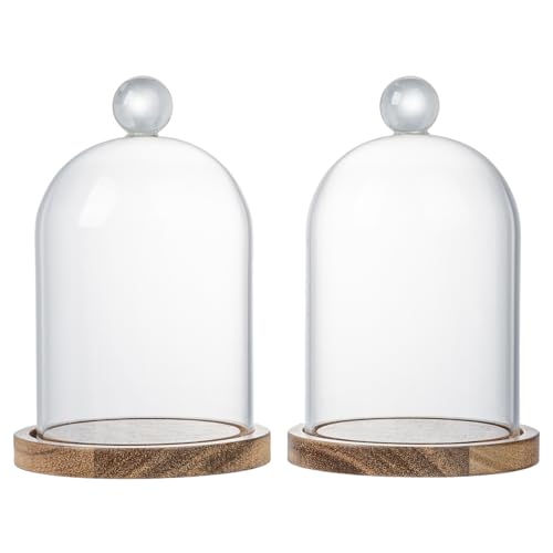 MyGift Mini Clear Glass Bell Display Cloches with Premium Acacia Solid Wood Base, Decorative Dome Cover Stands for Small Heirloom Jewelry Curios Keepsakes, Set of 2