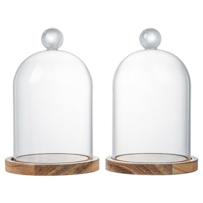 MyGift Mini Clear Glass Bell Display Cloches with Premium Acacia Solid Wood Base, Decorative Dome Cover Stands for Small Heirloom Jewelry Curios Keepsakes, Set of 2