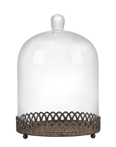 Twakutwku 12" Tall Large Sturdy Handmade Glass Cloche Dome with Metal Base in Rustic Brown for Plant, Terrarium, Collectibles, Candle. Cloche Glass Dome, Bell Jar Display Case (Brown, 12") - color: Brown, size: 12"