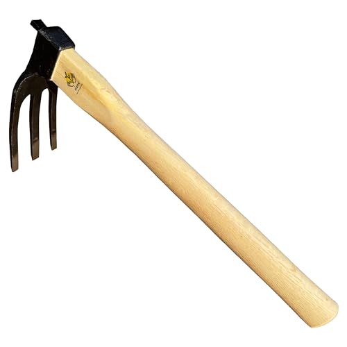 14 inch Japanese Hand Tiller/Rake for Garden, 3-tines Cultivator, Without Welding, Oak Handle, for Digging, Soil Preparation, Chopping Through Roots and Hard Soil and Other Gardening tasks
