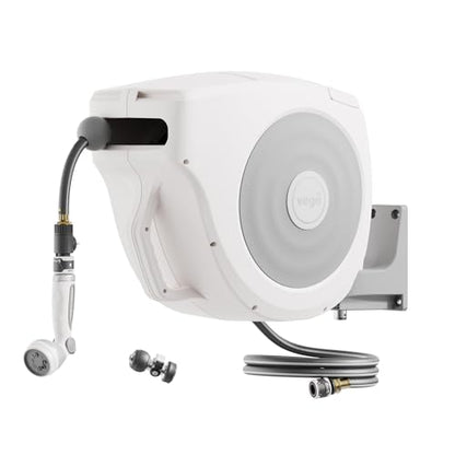 Vego Garden Hose Reel Retractable Hi-Flow Wall Mounted Hose Reel Automatic Rewind, Any Length Lock with 9 Patterns Sprayer Nozzle, Quick Connector and Adjustable shot Nozzle (Cloud White, 100ft) - color: Cloud White, size: 100ft