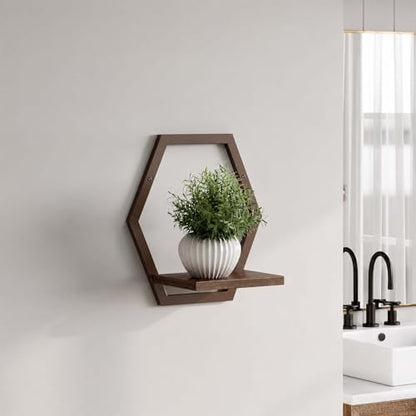2 Pack Hexagon Wall Plant Stands, 9 Inch Walnut Wood Shelf Coffee - color: 2 Pack Coffee-a