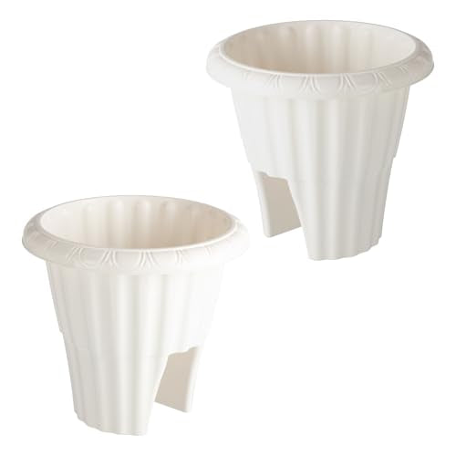 Railing Planter Box 2-Pack - 13.5-Inch Round Outdoor Flower Pots with Drainage Inserts - 2.64-Gallon Outdoor Planters for Porch, Deck, Fence, or Balcony Railings 3” - 3.75” Wide by Pure Garden (White)