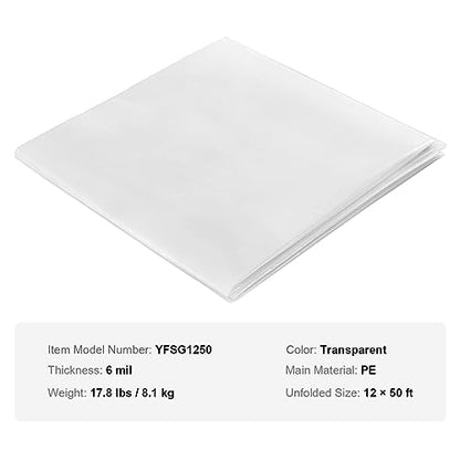 VEVOR Plastic Sheeting 12 x 50 ft Polyethylene 4 Year UV Resistant 6 Mil Thickness Clear Greenhouse Film - size: 12 x 50 ft