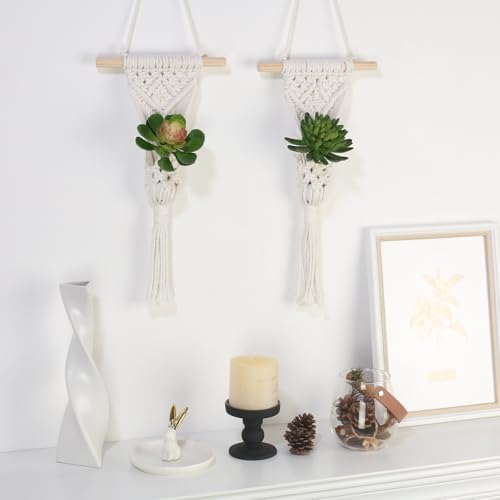 Macrame Wall Hanging Plant Holder with Artificial Succulent, Natural Cotton with Wood Dowel, Boho Wall Decor, Hanging Plants Set of 2 (Succulent 2pcs) - color: Succulent 2pcs