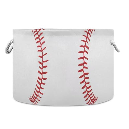 Baseball Print Round Storage Basket Collapsible with Handle - color: White Red