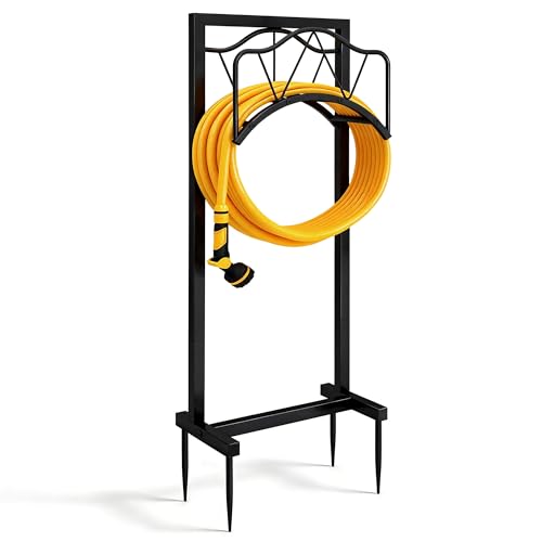 Garden Hose Holder - Upgraded Water Hose Holder Stand with Storage Basket Holds 150ft, Heavy Duty Freestanding Garden Hose Hanger Storage Rack for Outside Yard Lawn Farm