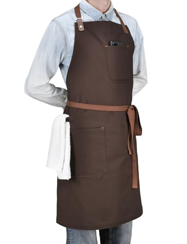Mens Womens Kitchen Apron with Pockets & Towel Loop, Brown - color: Brown