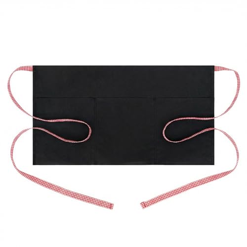 BOHARERS 3-Pocket Waist Apron With Red And White Plaid Shoulder Straps - Black Waitress Waiter Server Short Aprons - color: 1 Pack Red and White Plaid Straps