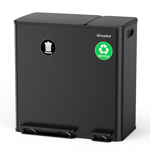 Dual Trash and Recycling Bins for Kitchen, 13.2 + 5.2 Gal (50+20L) Stainless Steel Trash and Recycle Bin Combo with Soft-Close Lid, Large Garbage Cans for Kitchen Home with 2 Magnets Sticker, Black - color: Black, size: 13.2 + 5.2 Gallon