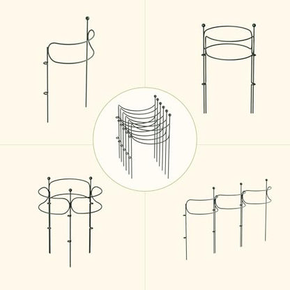 6 Pack Curved Plant Support Stakes, Dual Half Round Metal Garden Plant Stake, Peony Cages and Supports, 10"(W) x 20" (H) Flower Support Ring for Peonies, Hydrangea - size: Medium