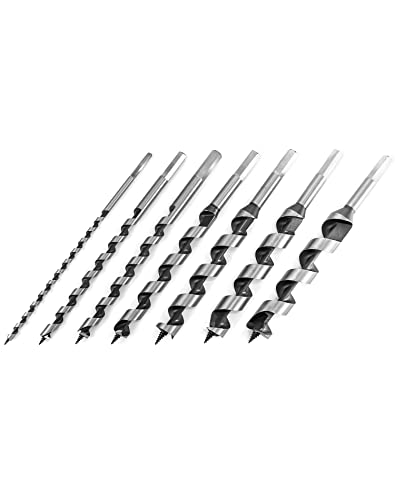 QWORK Auger Drill Bit Set, 7 Piece Set 9" Auger Bit Set Hardened Alloy Steel Ship Auger Bit Creates Deep Clean Hole Precise Drilling for Wood Drilling
