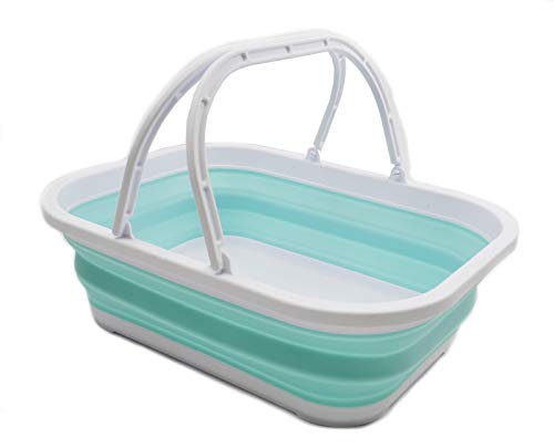 SAMMART 12L (3.17 Gallon) Collapsible Tub with Handle - Portable Outdoor Picnic Basket/Crate - Foldable Shopping Bag - Space Saving Storage Containe (1, White/Bright Blue) - color: White/ Bright Blue