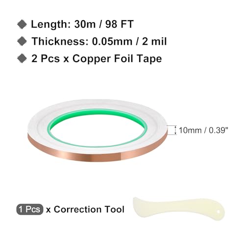 PATIKIL Copper Foil Tape, (0.39 Inch x 98 FT, Brass) (2 Set), Double Conductive Adhesive Tape with Correction Tool, Suit for - Guitar EMI/RFI Shielding/Electrical Repairs - size: 0.39 Inch x 98 FT