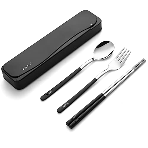 DEVICO Travel Utensils with Case, 4Pcs Portable Silverware Set for Work, 18/8 Stainless Steel Reusable Cutlery, Korean Spoon and Chopsticks Fork for Camping, School, Lunch Box Accessories (Black) - color: Black