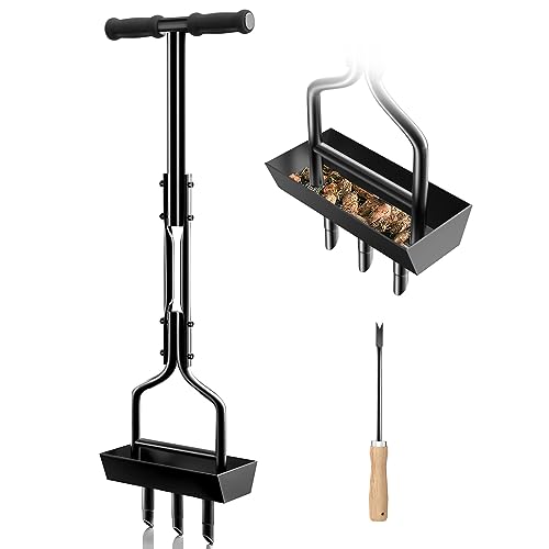 Manual Lawn Aerator with Soil Storage Basket - EEIEER Core Aerator Tool for Soil Aeration, Yard Aerating Tools with 3 Efficient Coring Tines & Cleaning Tool for Yard,Garden, Lawn Care - 38''