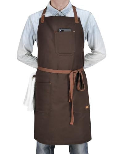 Mens Womens Kitchen Apron with Pockets & Towel Loop, Brown - color: Brown