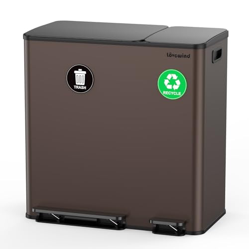 Dual Trash and Recycling Bins for Kitchen, 13.2 + 5.2 Gal (50+20L) Stainless Steel Trash and Recycle Bin Combo with Soft-Close Lid, Large Garbage Cans for Kitchen Home with 2 Magnets Sticker, Brown - color: Brown, size: 13.2 + 5.2 Gallon