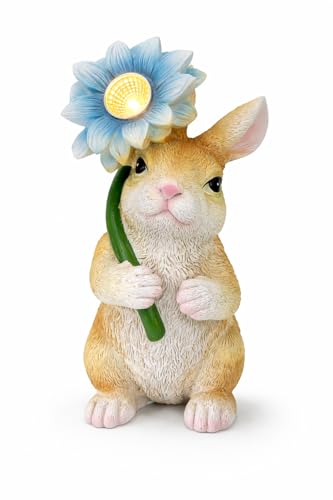 GoGnome Solar Rabbit Garden Statue with LED Flower – Hand-Painted Resin Bunny Figurine, Outdoor Solar Light Decor for Yard, Patio, Porch, Lawn (Rabbit) - style: Rabbit