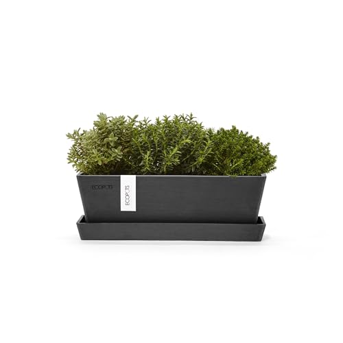 Ecopots Bruges Rectangular Flower Planter with Saucer, Dark Grey, 10" - color: Dark Grey