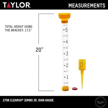Taylor Jumbo JR Rain Gauge, Measure and Monitor Precipitation, Easy to Read for Backyard, Patio, Garden, and Lawn, 5-inch, Yellow