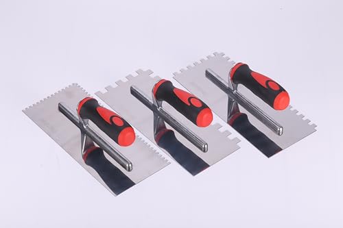 Stainless Steel Square Notched Trowel Set - 3 Piece Kit (5/32", 5/16", 1/2" Notch Sizes) for Wall & Floor Tile Installation - Masonry Tiling Hand Tools
