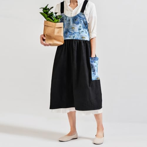 Cotton Linen Apron Cross Back Apron for Women with Pockets Pinafore Dress - color: Flora Black