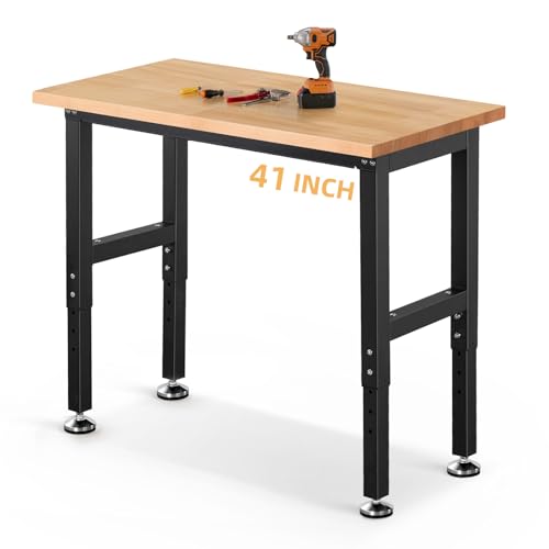 ENJOYWOOD Work Bench 41 Inch Workbench for Garage Adjustable Height Heavy Duty Work Table Rubberwood Tabletop for Cutting Wood Shop Home Office Electronic Woodworking - size: 41" Standard