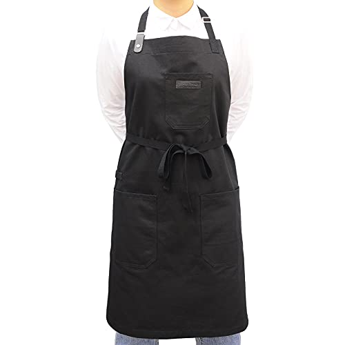 Black Kitchen Apron for Cooking, with Pockets & Towel Loop - color: Black Cotton