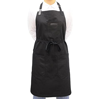 Black Kitchen Apron for Cooking, with Pockets & Towel Loop - color: Black Cotton