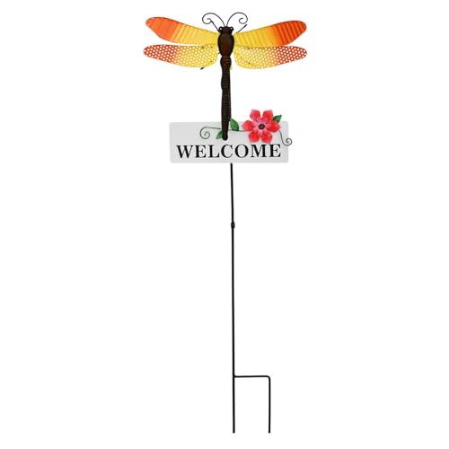 Morning View Dragonfly Garden Stakes Decorative Metal Insect Yard Stake Outdoor Spring Lawn Ornaments Yard Art Patio Pathway Flower Pot Outside 30 Inch Tall - color: Yellow Dragonfly