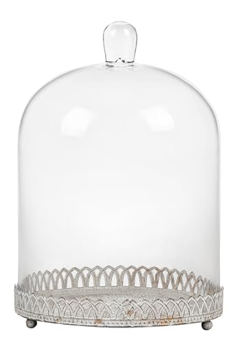 Twakutwku 12" Tall Large Sturdy Handmade Glass Cloche Dome with Metal Base in Shabby White for Plant, Terrarium, Collectibles, Candle. Cloche Glass Dome, Bell Jar Display Case (Shabby White, 12") - color: Shabby White, size: 12"
