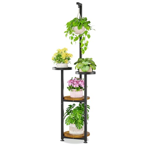 KMOTASUO Black 4 Tier Plant Stand Indoor with Hanging Ring, Tall Large Heavy Duty Metal and Wood Vertical Rack for Multiple Planter, Sturdy Rustic Corner Flower Shelf Holder Organizer for House Patio - color: Vintage Brown, size: 4 Tier