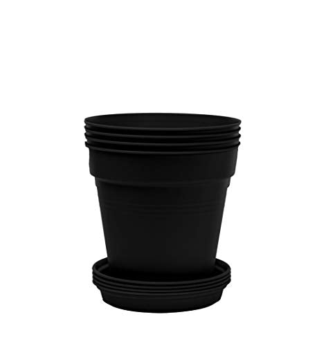 Mintra Garden Pots, 4 Pack Bulk Plastic Plant Pots with Drainage Tray, Round Indoor & Outdoor Decorative Planters with Drain Holes for Flowers, Herbs & Plants, 11cm Diameter – Black, 4.3 in - color: Black, size: 11cm Diameter (4.3in)