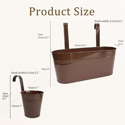 4 Pack Mixed Size Metal Fence Planters Set with Detachable Hooks, Chocolate - color: Chocolate, size: Oval*2 + Round*2